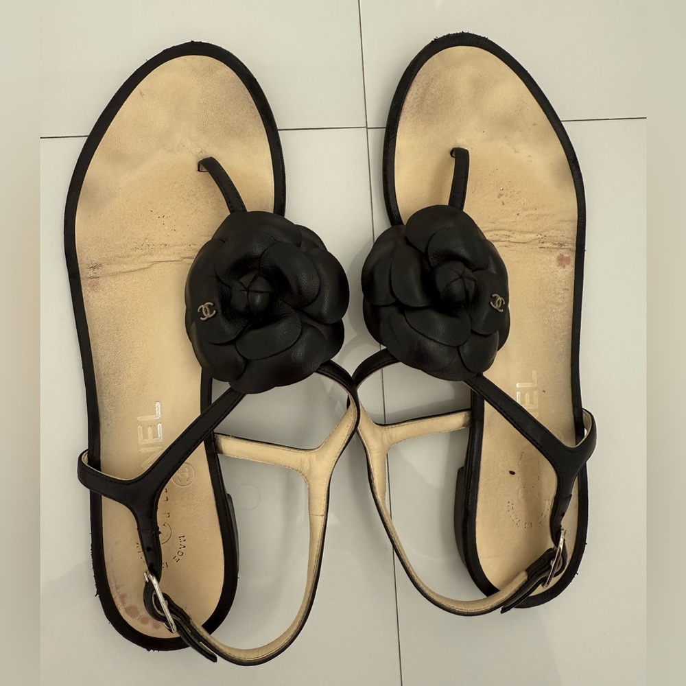 Chanel Camellia Thong Sandals Black Sz 37.5